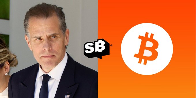 A split image showing Hunter Biden in a suit on the left with the SB logo, and a large Bitcoin symbol on an orange background on the right.