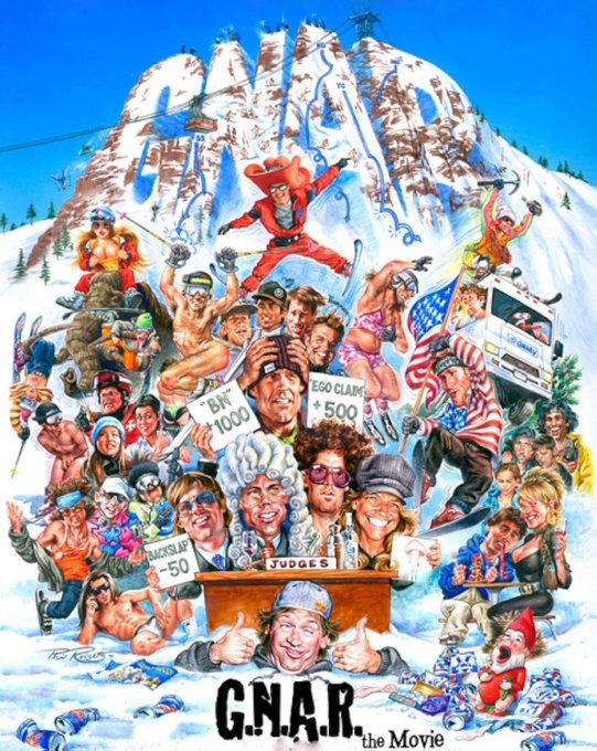 A colorful, chaotic movie poster for 'G.N.A.R. the Movie' featuring a snowy mountain packed with caricatured characters, skiers, a ski lift, and 'JUDGES' at a table, signed by artist Tom Richards.
