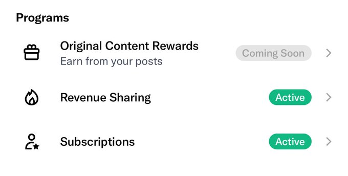 A "Programs" menu interface listing "Original Content Rewards" (Coming Soon), "Revenue Sharing" (Active), and "Subscriptions" (Active).