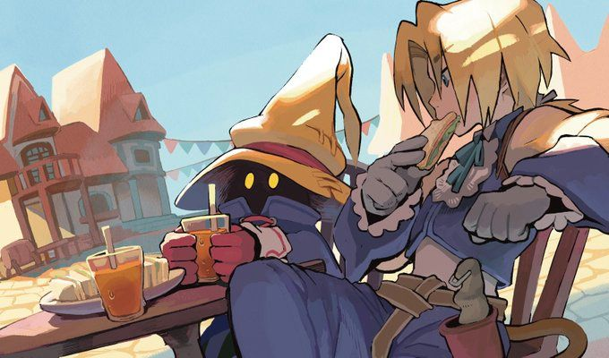 An anime-style illustration depicts two characters, one wearing a large yellow wizard hat and the other a knight, sitting together at an outdoor table enjoying drinks and snacks with a village in the background.