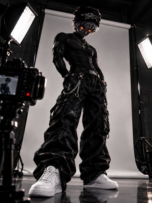 A dramatic low-angle photograph of a person in an all-black outfit including a cap, baggy pants with chains, and white sneakers, posing in a photography studio with visible lighting equipment and a camera in the foreground.