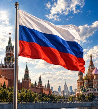 The Russian tricolor flag (white, blue, red) waving in the foreground with the Moscow Kremlin, including its iconic clock tower and colorful domes of St. Basil's Cathedral, visible in the background.