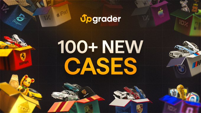A promotional graphic for Upgrader featuring the "Upgrader" logo at the top, with bold text announcing "100+ NEW CASES" in white and yellow against a dark background. The image is surrounded by colorful open boxes displaying various branded items, including iPads, toy cars (BMW, Ferrari, Porsche), and sneakers, visually showcasing the diverse contents players can unlock.
