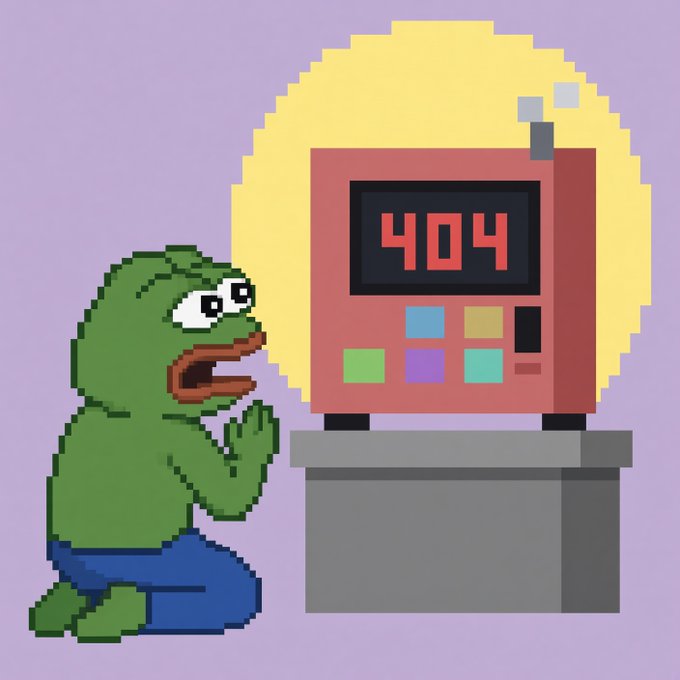 A pixelated Pepe the Frog kneels in distress before a red device displaying "404," symbolizing the failed or missing nature of NFTs amid widespread market decline.