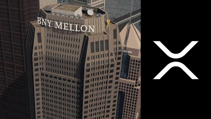 A tall skyscraper displaying the 'BNY MELLON' sign on its rooftop, shown alongside the white XRP logo on a black background.