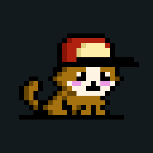 A pixel art illustration of a brown and white cat wearing a red and white cap against a dark gray background.