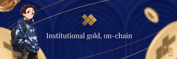 An anime-style character with red hair and a backpack stands beside the text "Institutional gold, on-chain," which aligns with the post's discussion about positioning for a potential $GFIN allocation from @goldfishggbr, suggesting gold-backed digital assets as an investment strategy.