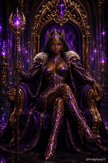 A digital fantasy illustration of a dark-skinned queen wearing purple and gold regal attire with a crown, seated on an ornate golden throne while holding a staff topped with a glowing purple crystal; watermarked '@PrettyFavy17'.