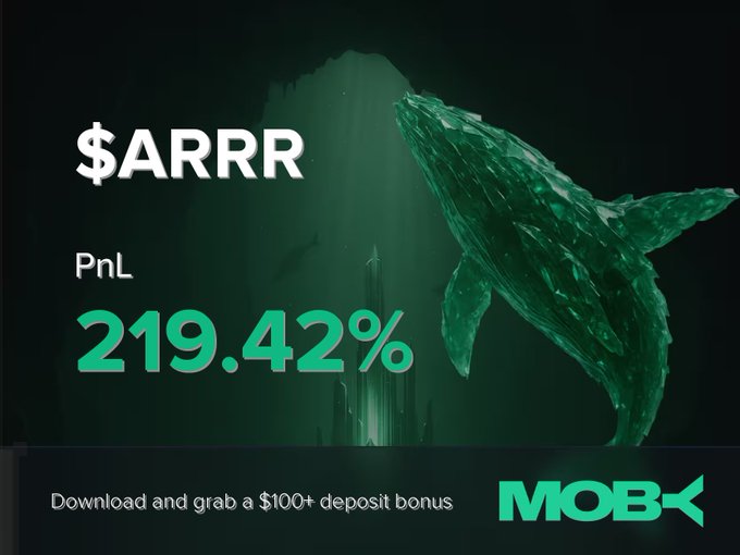A promotional Moby Mobile win alert graphic displays "$ARRR" with a PnL of "219.42%" in bold green text, set against a dark underwater scene featuring a green whale illustration. The bottom banner advertises a "$100+ deposit bonus" download offer with the Moby logo, visually celebrating the trader's successful 219.42% profit on the ARRR position mentioned in the post.
