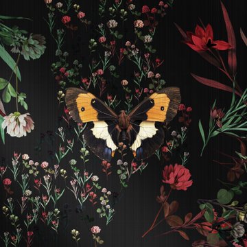 A decorative artwork featuring a large yellow and black butterfly centered on a dark background filled with various colorful flowers and plants.