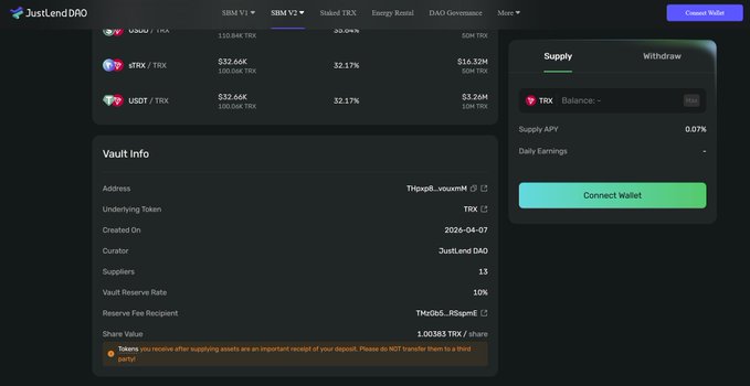 In this image, we see an explanation about the launch of TRX Vault V2, which represents a more efficient way of managing liquidity within the JustLend DAO ecosystem compared to traditional liquid pools. This new approach allows for better control over funds in order to improve the overall efficiency and performance of the platform. The post also mentions that this upgrade is scheduled to be launched soon and is an important development in the field of cryptocurrency trading, as it can help traders access funds more easily and securely within the blockchain network.