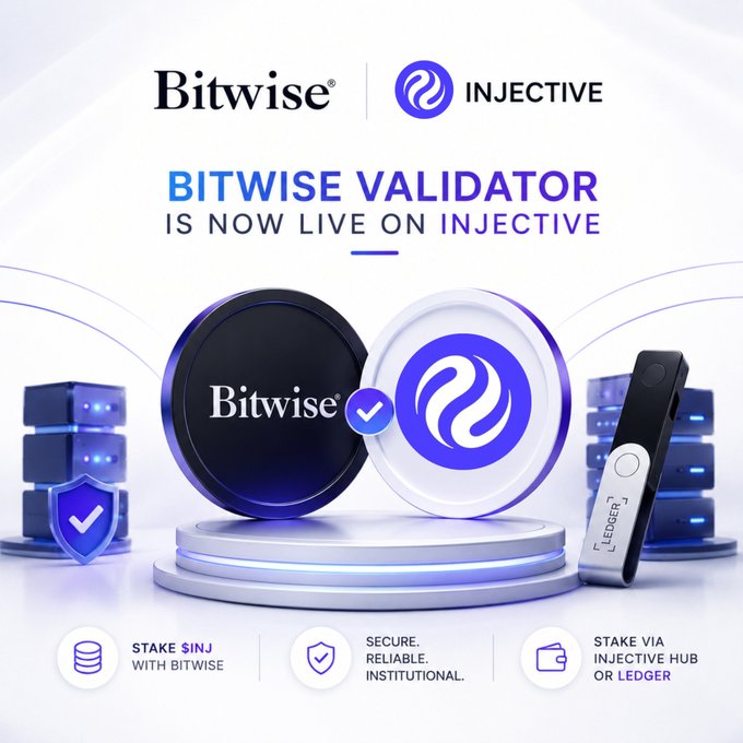 A promotional announcement graphic stating 'BITWISE VALIDATOR IS NOW LIVE ON INJECTIVE', featuring 3D-rendered logos of Bitwise and Injective alongside Ledger hardware and server illustrations.