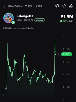 A mobile screenshot of the $SOLANGELES meme coin chart on a trading platform (3-month view, 102K views), showing a recent sharp price spike to $1.6M—a 24.2% gain over 24 hours—consistent with the post highlighting the token's 24% rally over the past 6 hours.
