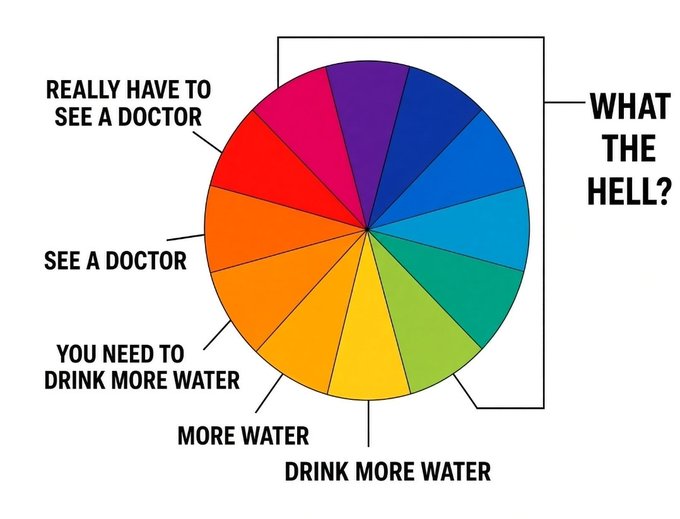 The image is a meme-style color wheel with labels ranging from "WHAT THE HELL?" (dark blue/purple, indicating severely abnormal urine color) to "REALLY HAVE TO SEE A DOCTOR" (red), suggesting it humorously represents a pee color health chart. The caption satirizes the common advice to "drink more water" by dedicating half the wheel to various shades of "drink more water," "more water," and "you need to drink more water."