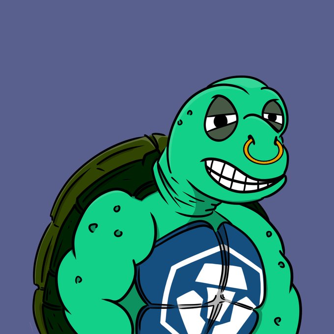 A cartoon illustration of a green, muscular turtle character with a nose ring, grinning and wearing a blue vest with a white geometric logo.