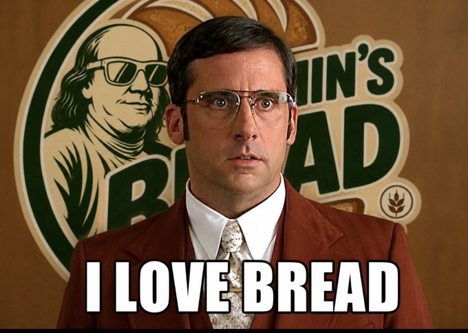 The image shows a scene from the film "Anchorman" featuring Steve Carell's character Brick Tamland with a serious expression, wearing his signature glasses and brown suit, standing in front of a "Benihana's Bread" sign. Bold text at the bottom reads "I LOVE BREAD," humorously connecting to the post's promotion of @benjamins_bread by playing on the meme's viral association with enthusiastic endorsements.