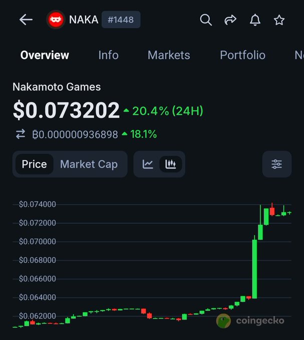 A CoinGecko chart for Nakamoto Games (NAKA), showing a price of $0.073202, up 20.4% over 24 hours, with a green candlestick chart indicating a recent surge.