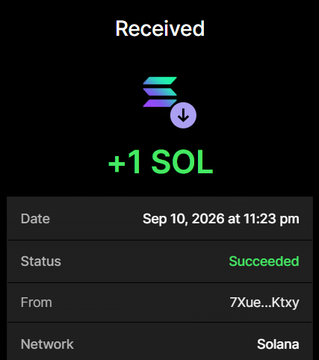 A screenshot of a successful crypto transaction receipt showing "+1 SOL" received on the Solana network on Sep 10, 2026 at 11:23 pm from sender "7Xue…Ktxy," which corresponds to the user's posted presale purchase of 110M $NUKEBULL tokens via 1 SOL sent to the listed wallet address.
