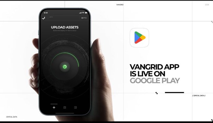 Advertisement showing a smartphone displaying 'UPLOAD ASSETS' with text reading 'VANGRID APP IS LIVE ON GOOGLE PLAY'.