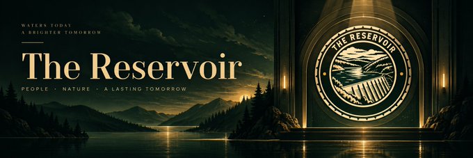 A dark, atmospheric banner featuring the text "WATERS TODAY A BRIGHTER TOMORROW," "The Reservoir," and "PEOPLE • NATURE • A LASTING TOMORROW" beside a glowing circular emblem for "THE RESERVOIR" set against a moody lakeside landscape.