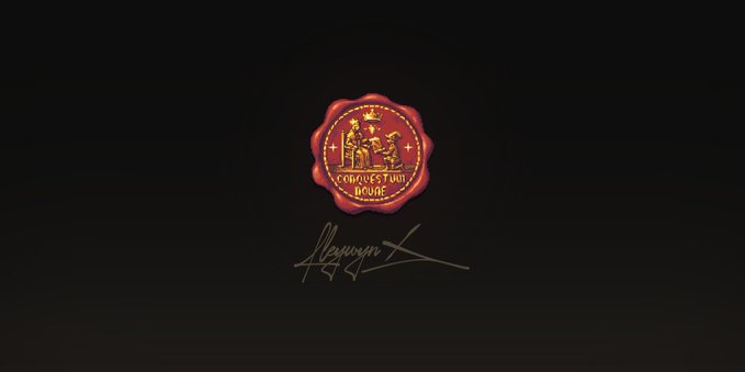 A red wax seal with "CONQUESTUM LARVAE" and a golden crest sits above a signature reading "Alarcon 22," symbolizing the official seal of approval for the upcoming hype game "Genesis" by @playcambria.