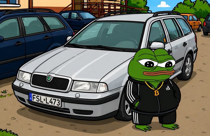An illustrated cartoon scene of a Pepe the Frog character wearing a black Adidas tracksuit with a Bitcoin necklace, standing in front of a silver Škoda station wagon with license plate 'FSL-L473' in a parking lot.