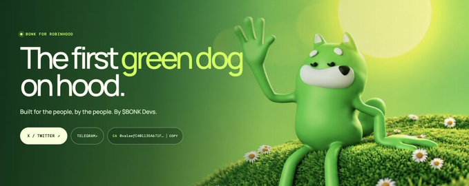 Promotional banner reading 'The first green dog on hood' featuring the same green cartoon dog mascot with text 'BONK FOR $BONKHOOD' and links to X/Twitter, Telegram, and a contract address.