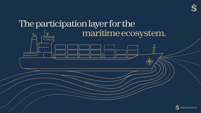 A dark blue promotional graphic for Sihra Protocol featuring a gold line-art illustration of a cargo ship on waves, with the text 'The participation layer for the maritime ecosystem.'