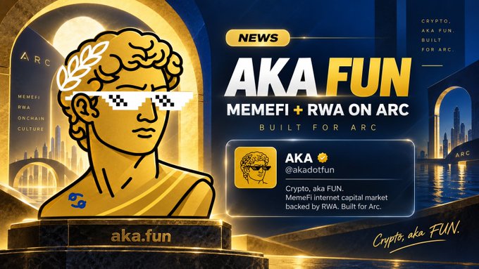 A promotional graphic for 'AKA FUN - MEMEFI + RWA ON ARC', featuring a golden classical bust with pixelated sunglasses, with the handle @akadotfun and the tagline 'Crypto, aka FUN.'