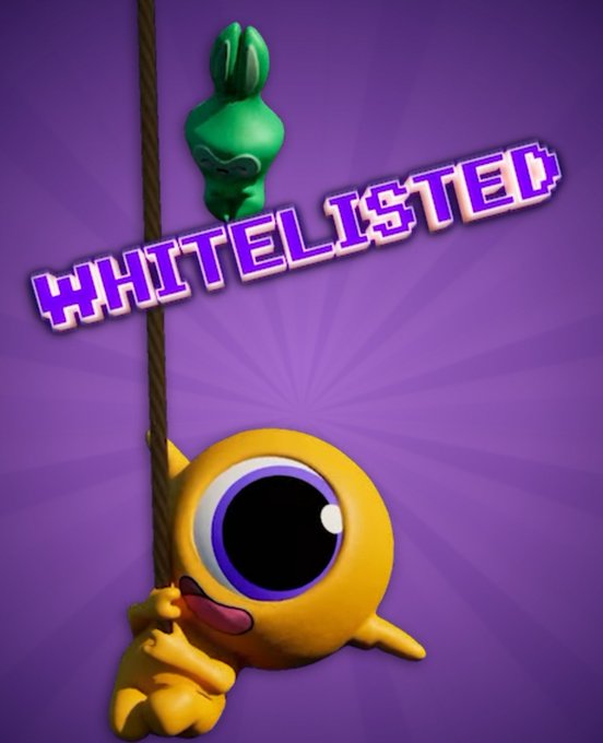 A promotional graphic with purple background showing 'WHITELISTED' text in pixelated style, featuring a green character hanging from a rope at top and a yellow character climbing the rope at bottom.