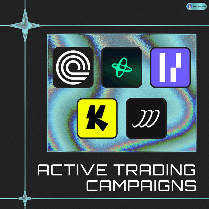 A promotional graphic displays "ACTIVE TRADING CAMPAIGNS" beneath five platform icons (Ondo, Hyperliquid, K, and others) on an iridescent background, visually showcasing the post's announcement of trading campaigns with over $5M in total rewards, including Ondo Perps' $3M prize pool.
