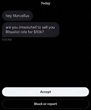 The image shows a phone screen with an incoming text message from the sender named "Marcellus". The message reads, "Are you interested in selling $10k Ritualist role for 515 am?" It also includes some suggestions on what they are offering as part of the sale, stating that they accept blocks or reports.