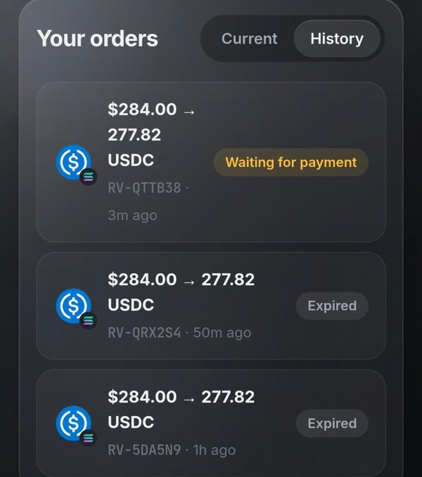 A mobile screenshot showing the "Your orders" History tab of a crypto exchange app, displaying three failed USDC purchase attempts of 277.82 (from $284.00) with reference numbers RV-QTTB38, RV-QRX2S4, and RV-5DA5N9—two marked "Expired" and one "Waiting for payment"—which appears to document failed transactions linked to the Revenue Airdrop scam warning.