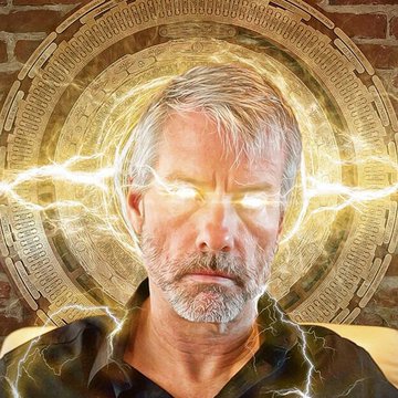 A digitally-altered image shows Michael Saylor with glowing, electrified eyes set against a circular Bitcoin emblem and brick wall, visually portraying him as a superhuman Bitcoin oracle or "Bitcoin prophet." The image reinforces the post's theme of Saylor presenting Bitcoin as an "engineering solution" to monetary problems, depicting him with an almost messianic, electrifying presence to match his evangelistic stance on cryptocurrency.