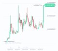 A cryptocurrency price chart showing a significant price drop from approximately 0.00000200 down to a much lower level with a final green spike upward.