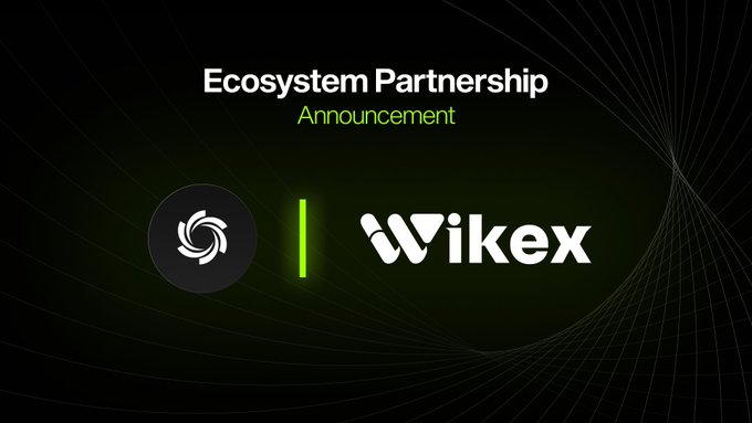 The image features a black background with two logos - one green and one white. The green logo is for Wikex, an exchange that has been working together withez ecosystem partnership to create an end-to-end ecosystem spanning trading, launchpad, RWA tokenization, P2P lending, and the Wikex Academy.