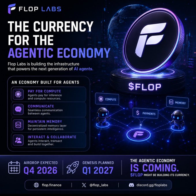 Flop Labs promotional graphic titled 'THE CURRENCY FOR THE AGENTIC ECONOMY' highlighting $FLOP token features for AI agents, with airdrop expected Q4 2026 and genesis planned Q1 2027.