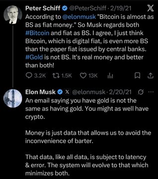A screenshot of a Twitter/X exchange between Peter Schiff and Elon Musk debating Bitcoin, gold, and the nature of money, dated 2/19/21-2/20/21.