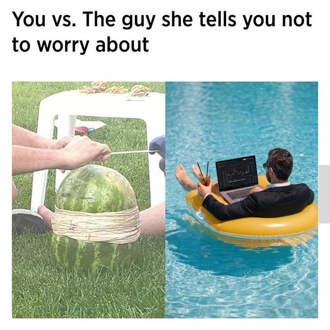 The image is a "You vs. The guy she tells you not to worry about" meme, comparing a man using a string trimmer to cut watermelon-shaped grass (left) with a man relaxing in a pool while monitoring financial charts on his laptop (right). The caption ties in nicely with the post, suggesting the well-dressed man with financial tools is the one thriving—not the guy sweating over the unconventional lawn care.
