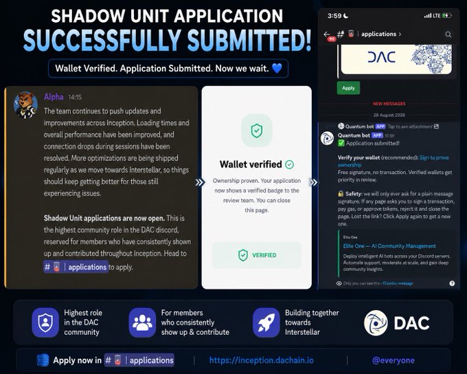 The image displays a "Shadow Unit Application Successfully Submitted" announcement from the DAC community, showing a verified wallet confirmation alongside a Discord screenshot of the application submission at 3:59 with a timestamp of 28 August 2026. The post highlights that Shadow Unit applications are now open for active community contributors, featuring eligibility requirements including being a top community member, consistent engagement, and building toward Interstellar, with the ticker $DA mentioned.