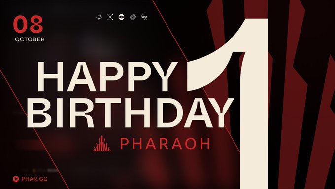 A birthday greeting graphic for PHARAOH dated 08 October from PHAR.GG, with a stylized '1' in red and black design.