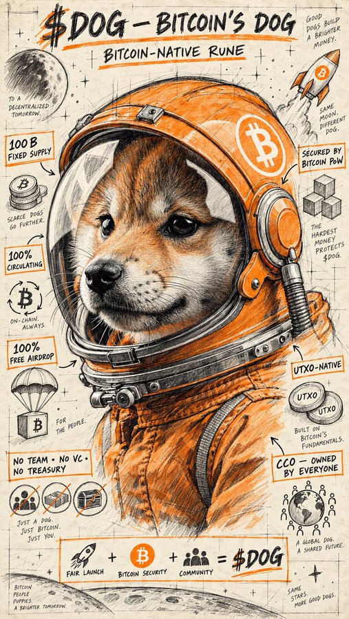 Promotional illustration for '$DOG - Bitcoin's Dog', a Bitcoin-native Rune, depicting a Shiba Inu in an orange Bitcoin-branded astronaut helmet with annotations highlighting features like '100B Fixed Supply', '100% Circulating', and '100% Free Airdrop'.