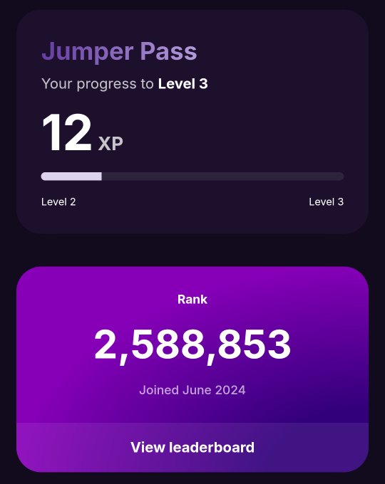 A 'Jumper Pass' progress screen showing 12 XP toward Level 3 and a rank of 2,588,853 with a 'View leaderboard' button, joined June 2024.
