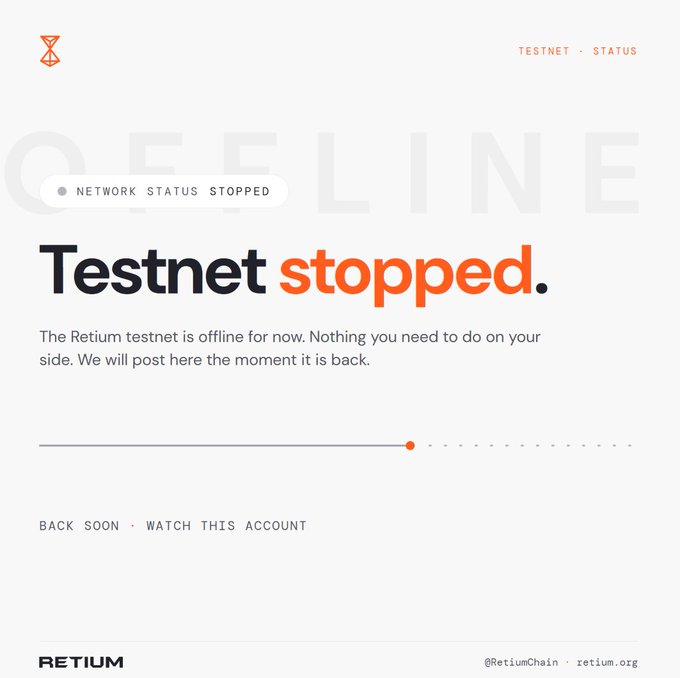 A status page for Retium testnet displays 'NETWORK STATUS STOPPED' with large text reading 'Testnet stopped.' and explains that the Retium testnet is offline, asking users to watch @RetiumChain (retium.org).