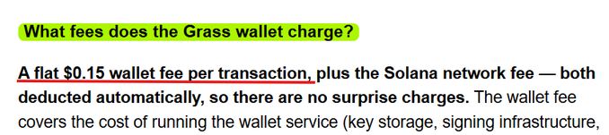 The image highlights a $0.15 flat wallet fee charged by the Grass wallet per transaction, which the post uses to argue that Grass effectively takes back nearly $1 million from its user allocation by charging this fee across its 6.29 million users.