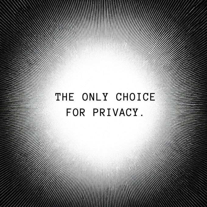 A black and white graphic with a bright center and radiating lines, with the text 'THE ONLY CHOICE FOR PRIVACY.'