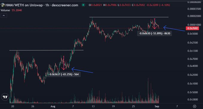 A Uniswap 1-hour trading chart for the HMM/WETH pair, showing price action with annotations marking a -65.25% drop and -53.89% decline.