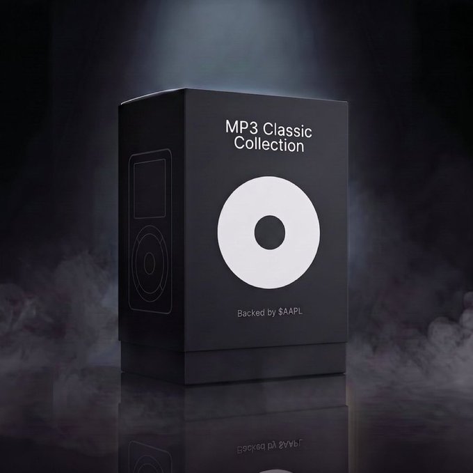 A black product box displayed against a smoky dark backdrop features the text "MP3 Classic Collection" and "Backed by $AAPL," with a white circular design and a line illustration of an iPod on its side. The sleek, minimalist packaging directly references the post's "GENESIS SETZ DROP 001: MP3 Classic" collection, evoking the nostalgic iPod era while highlighting its backing by tokenized $AAPL and $SETZ assets.