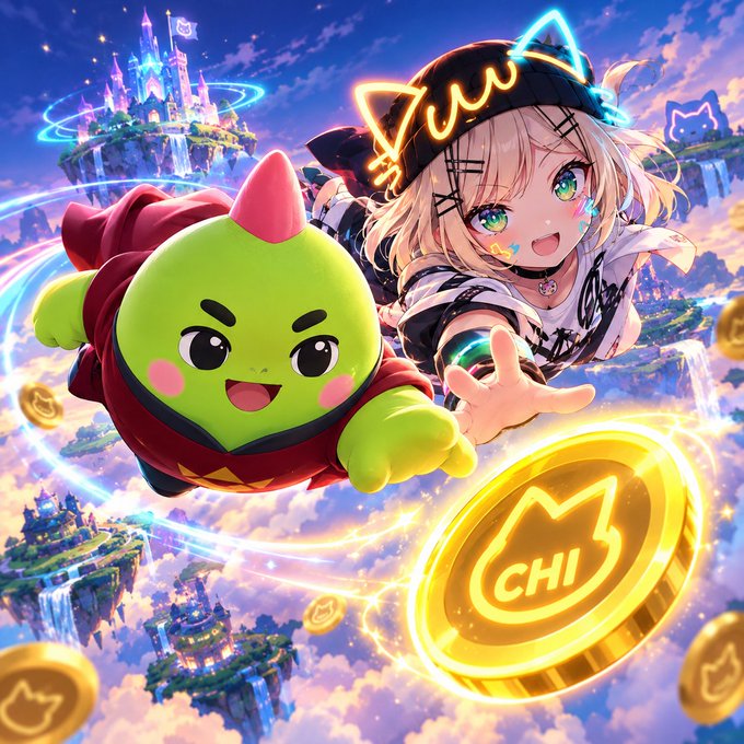 Anime-style illustration featuring a blonde girl and a green creature with a red horn, with a gold coin labeled "CHI" floating in a fantasy sky setting.