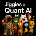Promotional graphic titled 'Jiggies x Quant AI' featuring small collectible figurines with a flame character, including one astronaut figure.